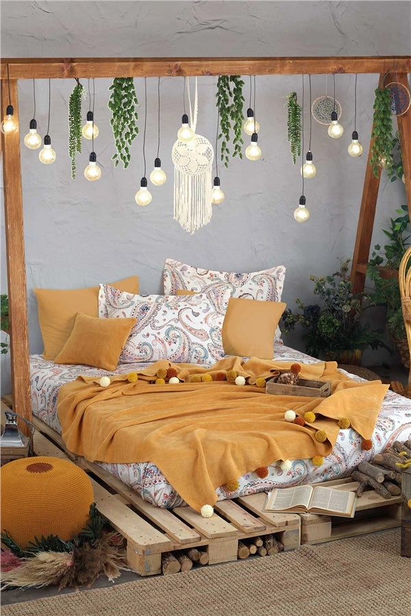 Boho Chic Double Duvet Cover Blanket Set Mustard