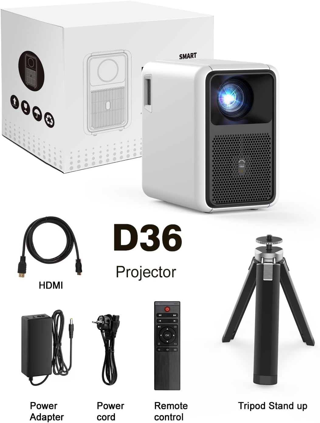 1800 ANSI Native 1080P Bluetooth Projector, Auto Focus Auto Keystone 4K Support Projector, Smart Video Indoor Projector with Wifi 6 And Bluetooth,Smart Streaming for Home Theater Office Game Projector