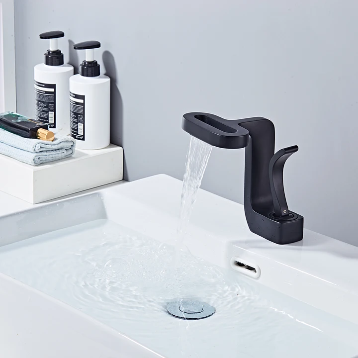 Modern Single-Handle Hot & Cold Waterfall Bath Faucet Special Design Bathroom Sink Brass Mixer Tap with Ceramic Valve Core