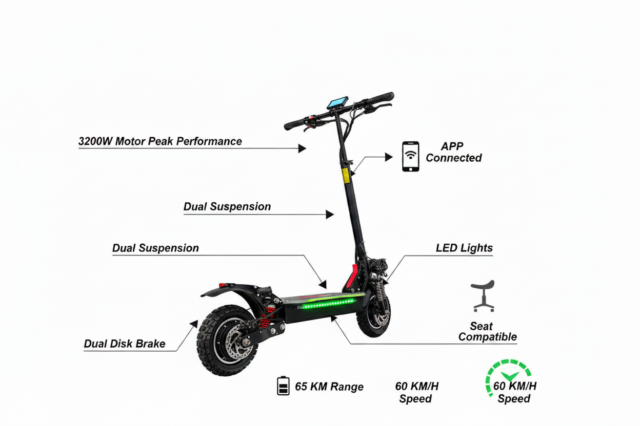 Vindspeed Off Road Beast Electric Scooter 50 Km/hr Upto 65 Km Range 48V 3200W Motor Peak with Free Helmet Perfect Birthday Gift