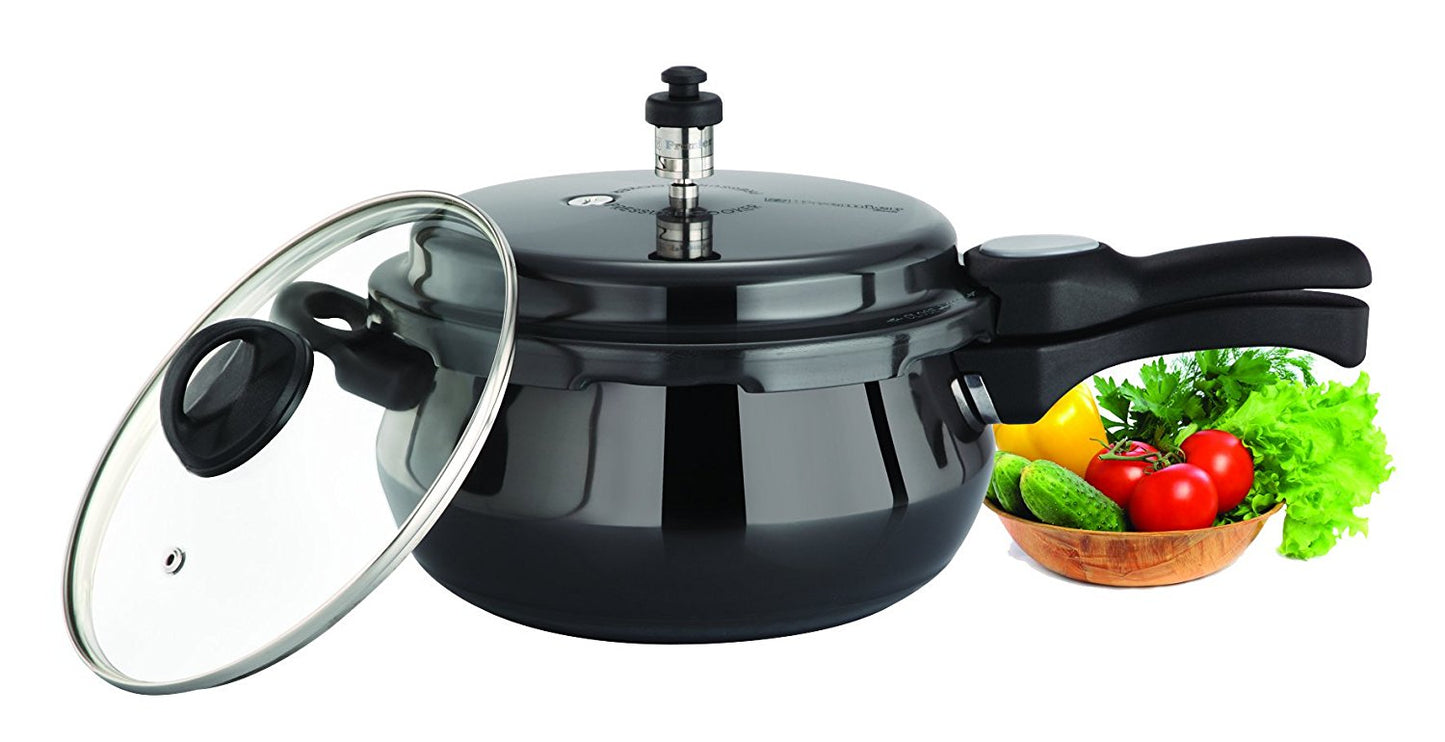 Premier Trendy Black Cucina Handi Pressure Cooker With Glass Induction Bottom 1.5 LTRs