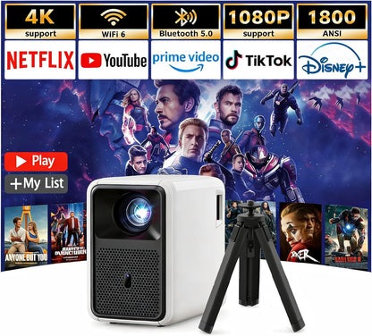 1800 ANSI Native 1080P Bluetooth Projector, Auto Focus Auto Keystone 4K Support Projector, Smart Video Indoor Projector with Wifi 6 And Bluetooth,Smart Streaming for Home Theater Office Game Projector