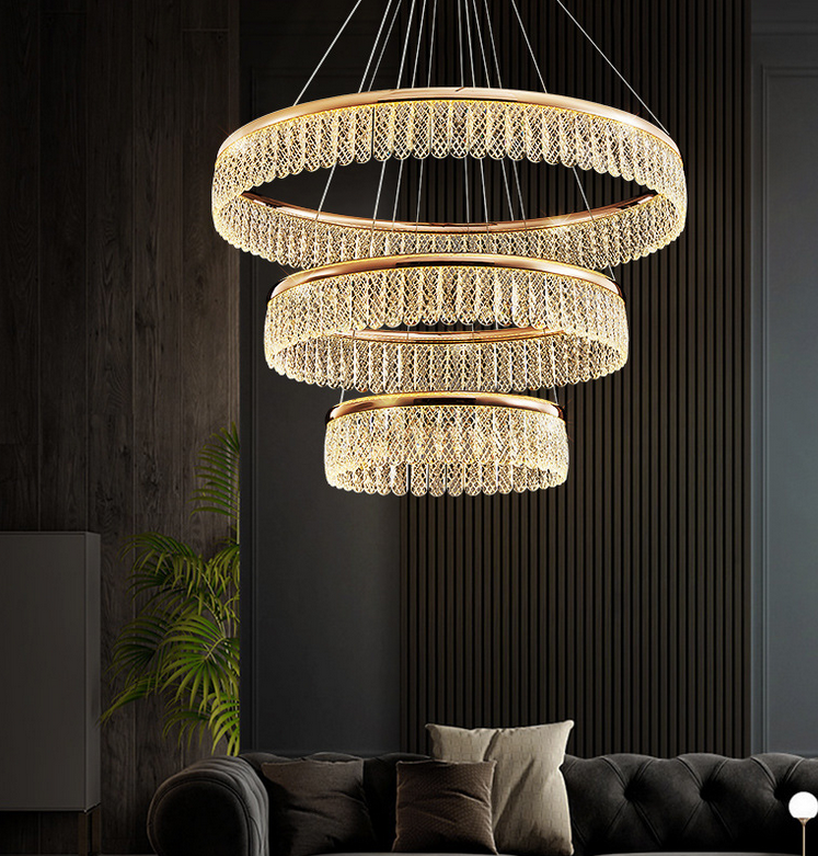 Crystal Chandelier Gold 3 Rings Luxury Home Lights