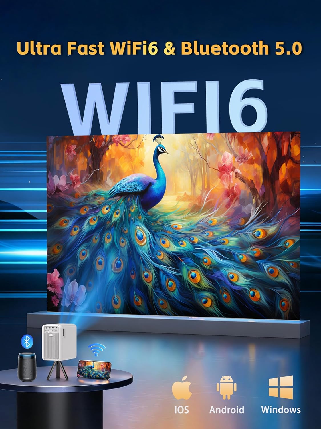 1800 ANSI Native 1080P Bluetooth Projector, Auto Focus Auto Keystone 4K Support Projector, Smart Video Indoor Projector with Wifi 6 And Bluetooth,Smart Streaming for Home Theater Office Game Projector
