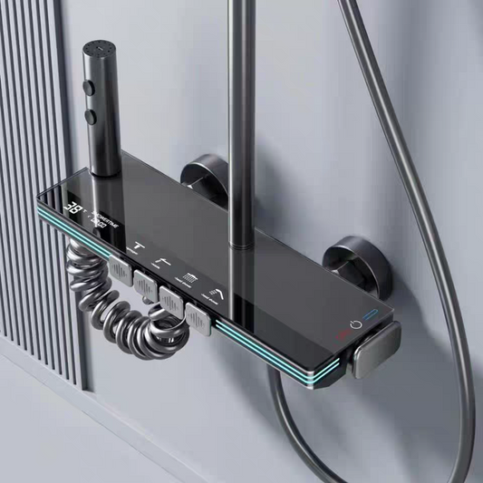 Luxury Smart Bathroom Thermostatic Shower System Digital Display Brass Ceramic Cold Hot Water Mixer Set Rain Jet Spray Patterns