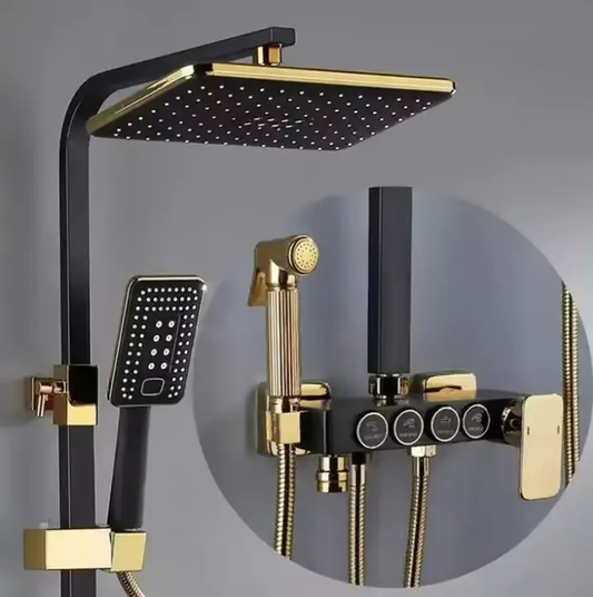 Black Gold Thermostatic Shower Set Airbrush Mixer Faucet Bath Hot Cold Bathroom System Brass ABS Material Thermostatic Faucet