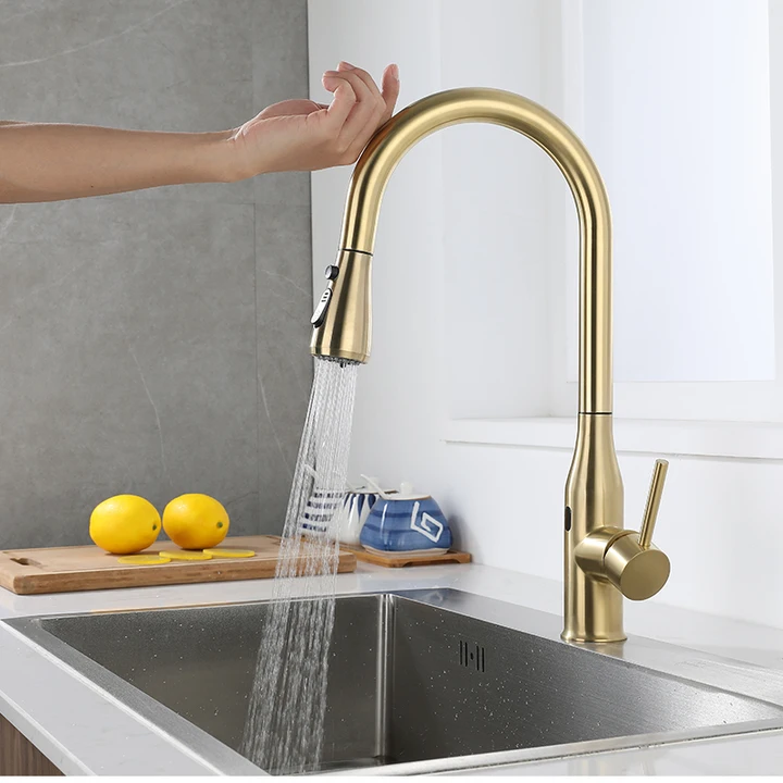 Stainless Steel 304 Infrared Sensing Modern Gold Pull-down Kitchen and Bathroom Faucet