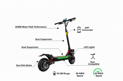 Vindspeed Off Road Beast Electric Scooter 50 Km/hr  Upto 65 Km Range 48V 3200W Motor Peak with Free Helmet Perfect Birthday Gift